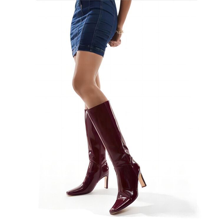 Fashion High Heel Square Toe Side Zip High Shaft Boots