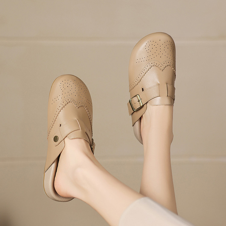 Women's Leather Closed-Toe Flat Slippers with Buckle - Image 3
