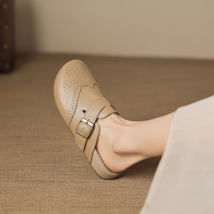 Women's Leather Closed-Toe Flat Slippers with Buckle - Image 4
