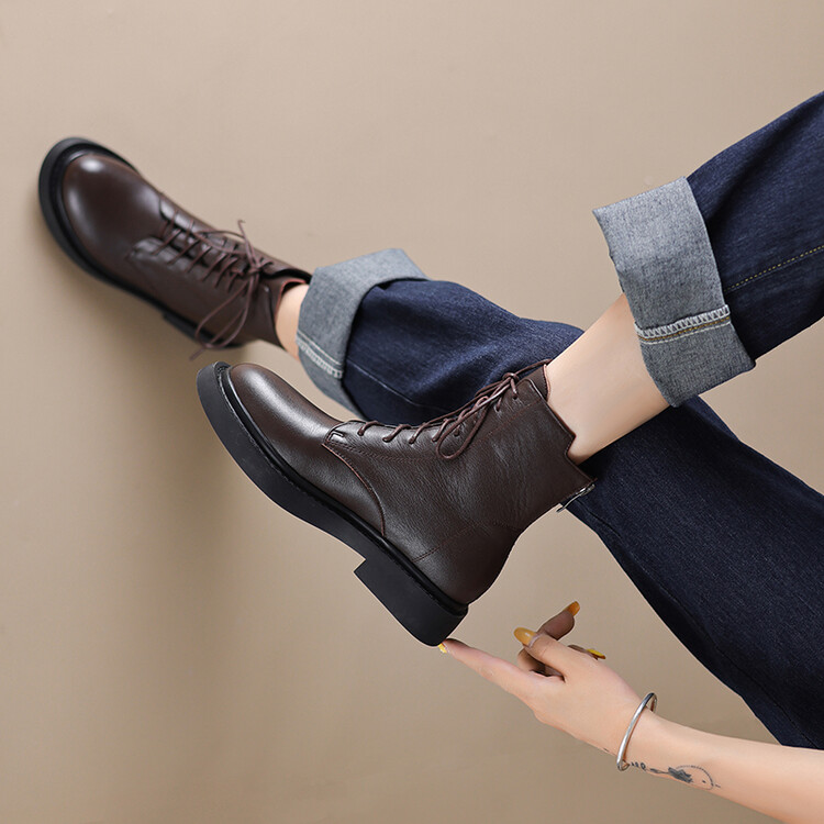 Women's Leather Martin Boots Casual Round Toe Mid Heel Short Boots - Image 2