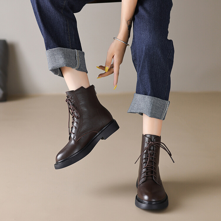 Women's Leather Martin Boots Casual Round Toe Mid Heel Short Boots - Image 3
