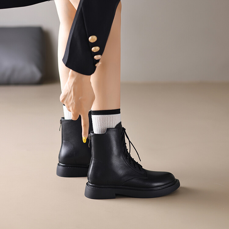 Women's Leather Martin Boots Casual Round Toe Mid Heel Short Boots - Image 5