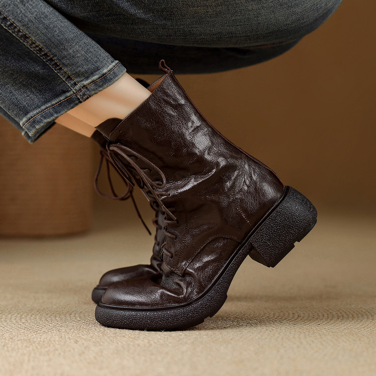 Women's Leather Martin Boots with Side Zipper and Lace-Up