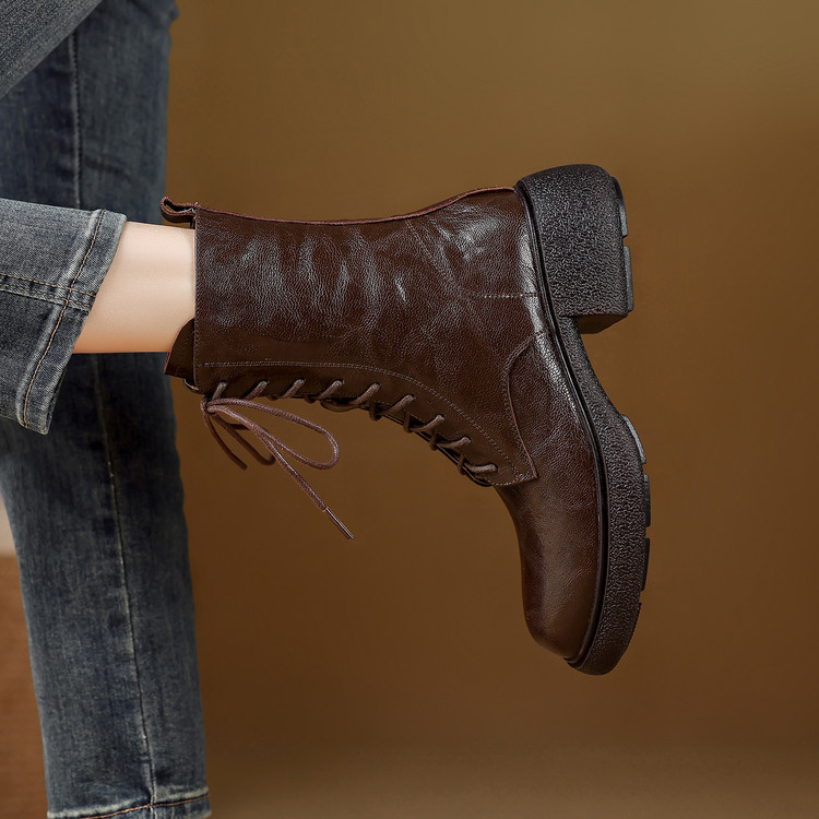 Women's Leather Martin Boots with Side Zipper and Lace-Up - Image 2