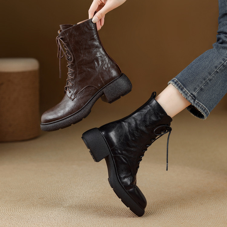 Women's Leather Martin Boots with Side Zipper and Lace-Up - Image 3