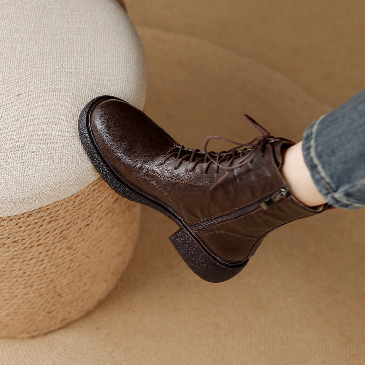 Women's Leather Martin Boots with Side Zipper and Lace-Up - Image 4