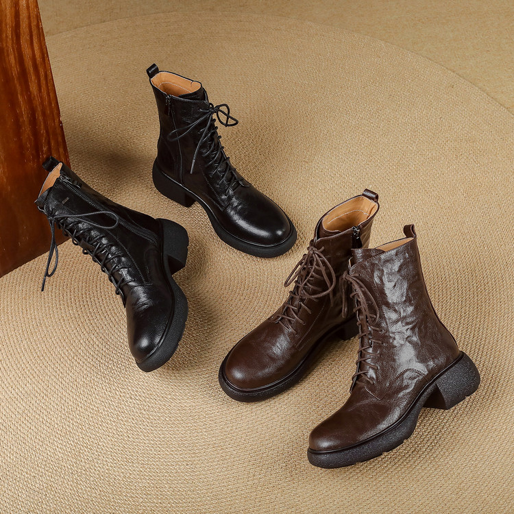 Women's Leather Martin Boots with Side Zipper and Lace-Up - Image 5