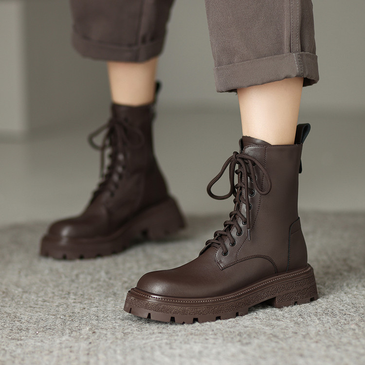 Women's Martin Boots in Black or Brown Leather with Side Zipper - Image 2