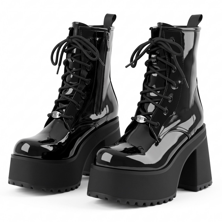Women's Patent Leather Platform Martin Boots with Chunky High Heel and Lace-Up - Image 3