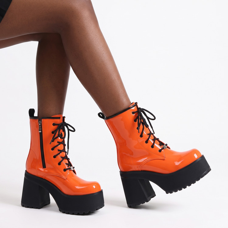 Women's Patent Leather Platform Martin Boots with Chunky High Heel and Lace-Up - Image 4