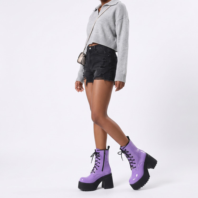 Women's Patent Leather Platform Martin Boots with Chunky High Heel and Lace-Up - Image 5