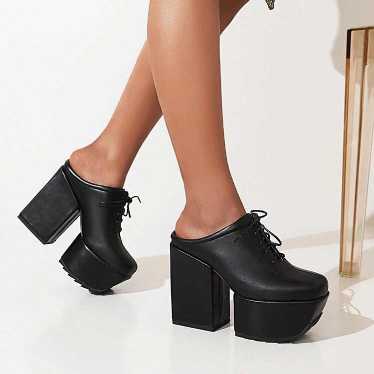 Women's Platform High Heel Sandals Boots PU Low Top Lace Up - Image 2