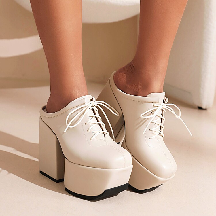 Women's Platform High Heel Sandals Boots PU Low Top Lace Up - Image 4