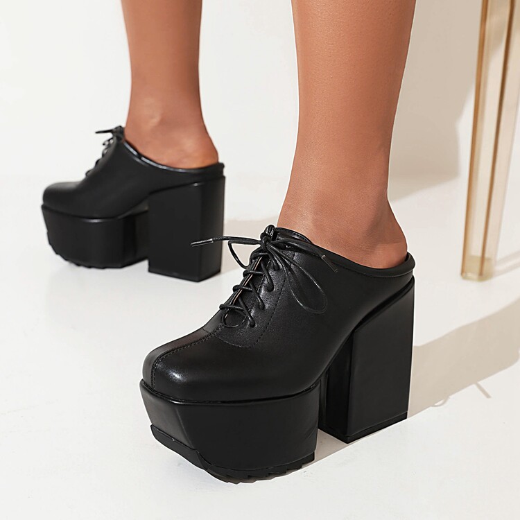 Women's Platform High Heel Sandals Boots PU Low Top Lace Up - Image 5